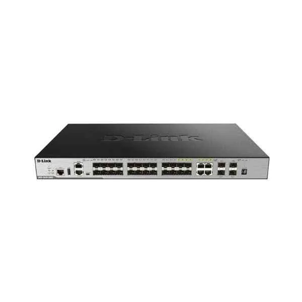 D-Link 20 Gigabit SFP optical ports + 4 Gigabit optical multiplexing ports + 4 10 Gigabit SFP+ optical ports, switching capacity: 598G/5.98Tbps, packet forwarding rate: 222Mpps, three-layer network management switch, support stacking, support SRM, Support network virtualization, support ERPS, VRRP, dynamic routing, etc.