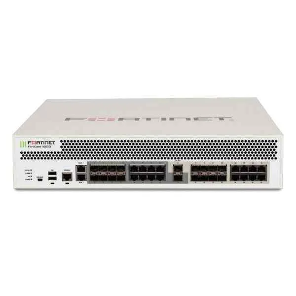 Fortinet FG-1000D, 2 x 10GE SFP+ slots, 16 x GE SFP Slots, 16 x GE RJ45 ports, 2 x GE RJ45 Management ports, SPU NP6 and CP8 hardware accelerated, 1 x 256GB SSD onboard storage, dual AC power supplies
