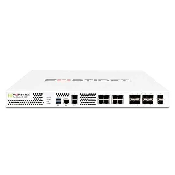 Fortinet FG-501E, 2x 10 GE SFP+ slots, 10x GE RJ45 ports (including 1x MGMT port, 1x HA port, 8x switch ports), 8x GE SFP slots, SPU NP6 and CP9 hardware accelerated, 2x 240 GB onboard SSD storage
