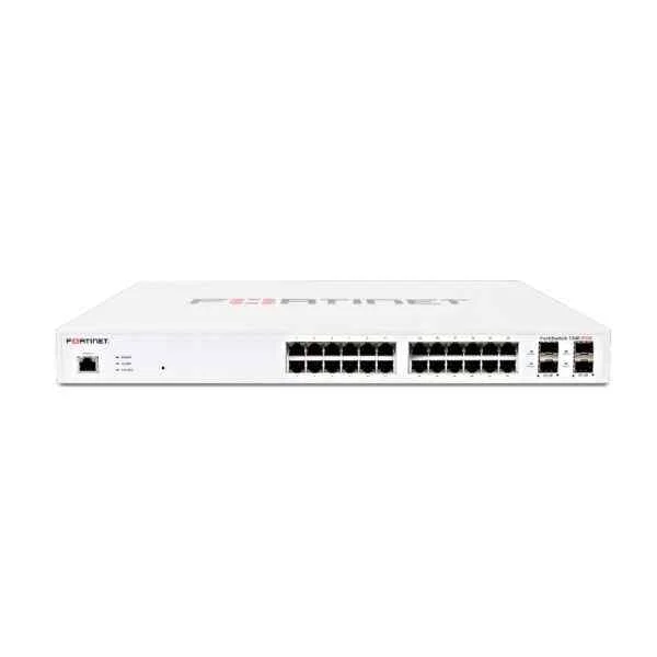 Layer 2 FortiGate switch controller compatible PoE+ switch with 24 GE RJ45 + 4 SFP ports, 24 port PoE with maximum 370 W limit.
