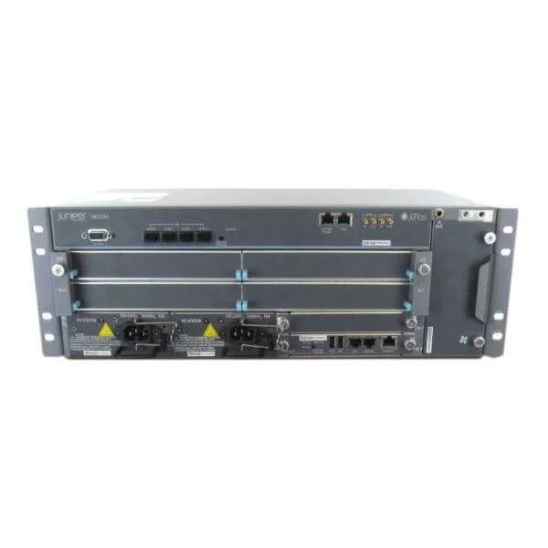 MX104 Chassis with 4 MIC Slots, 4X10GE XFP Built-in Ports (License required for activation), AC Power Supply, Fan Tray w/Filter, Packet Forwarding Engine & Routing Engine.  incl.  Junos
