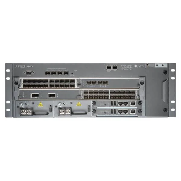 MX104 Chassis with 4 MIC Slots, 4X10GE XFP Built-in Ports (License required for activation), DC Power Supply, Fan Tray w/Filter, Packet Forwarding Engine & Routing Engine  incl Junos
