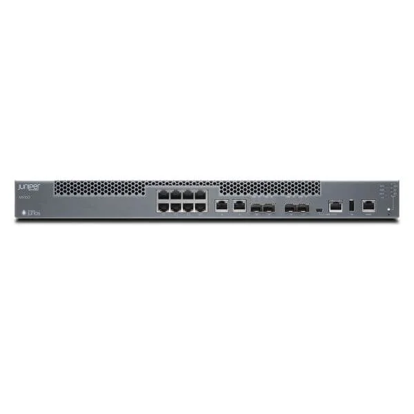 MX150 with 10 10/100/1000BASE-T ports, two 100/1000BASE-X SFP ports, and two 10GBASE-X SFP+ ports (optics sold separately), 6-core x86 processor, 400 GB SSD, and 32 GB memory. Supports full L2/L3 feature sets including HQoS and IPsec. incl. Junos