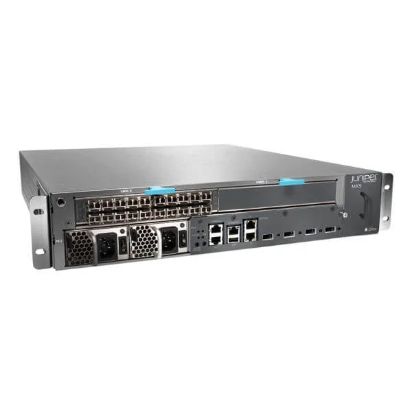 MX5 chassis with timing supportâ€”includes dual power supplies, MIC-3D-20GE-SFP, S-MX80-ADV-R, S-MX80-Q, and S-ACCT- JFLOW-IN-5G licenses. Power supply cable needs to be ordered separately.
