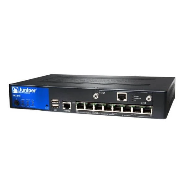 SRX210 Services Gateway with 1 Mini-PIM slot, 2 GB DRAM, 2 GB NAND Flash memory, and 4 Power over Ethernet (POE) ports