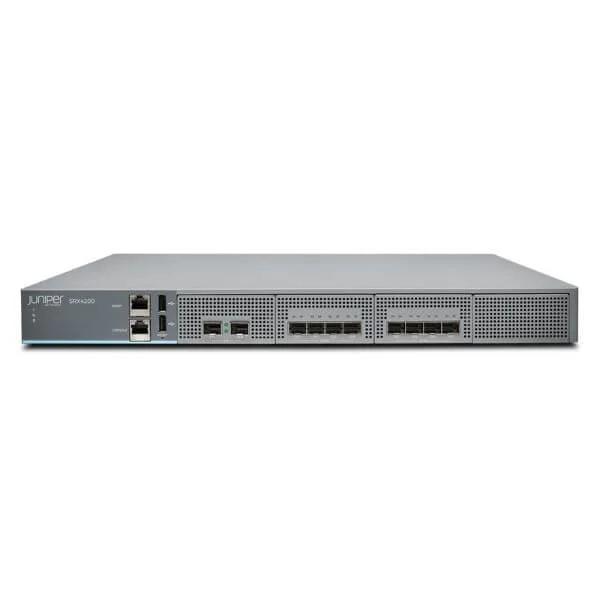 SRX4200 Services Gateway includes hardware (8x10GE, two AC PSU, four FAN Trays, cables and RMK) and Junos Software Base (Firewall, NAT, IPSec, Routing, MPLS)