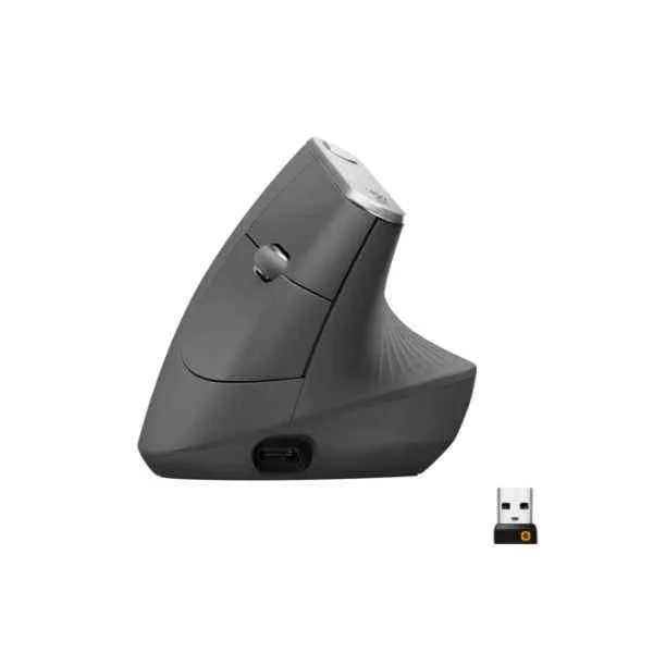 MX Vertical Advanced Ergonomic Mouse - Right-hand - Optical - RF Wireless+Bluetooth - 4000 DPI - Black - Silver